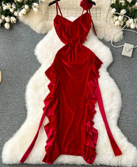Hnewly DRESS TO IMPRESS French Retro Velvet Dress Ladies Spaghetti Strap Sleeveless 3D Flowers Split Red Evening Party Sexy Dresses