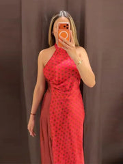 Hnewly Elegant Polka Dot Women's Dress Sleeveless Backless Halter Patchwork Side Split Lady Maxi Dresses Summer Chic Female Robe