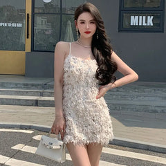Hnewly High Quality Luxury Brand's New Summer Beaded Short Skirt Feels Slim and Pure Sweet and Spicy Sexy Suspender Dress Streetwear