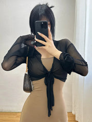 Hnewly Sexy Mesh Sunscreen Cardigan Summer Thin button Up designer korean shirt women Short Long Sleeve fashion tops P7DE