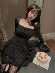 Hnewly Lace Basic Causal Women Dress Square Collar Slim Waist Tunic All Match Dresses Y2k Aesthetic Sexy Fashion Elegant Vestidos