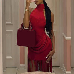 Hnewly New Vacation Backless Dresses Fashion Summer Neck Hanging Slim Long Dress Tassel Patchwork Sleeveless Nightclub Party Dress