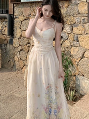 Hnewly Summer French Print Embroidery Women's Dresses 2025 Prairie Chic Elegant V-Neck Pleated Lace-up Long Dress New Fashion Casual
