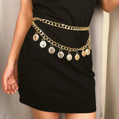 Hnewly 1pc Tassel Ethnic Style Retro Simple Coin Waist Chain, Double-Layer Queen Portrait Pendant Metal Body Chain