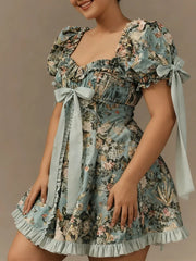 Hnewly New Plus Size Women's Lace Square Collar Mini Dress With Floral Print Lantern Short Sleeves Dress Party Elegant Evening Dresses