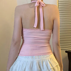 Hnewly Pink Floral Embroidery Halter Tank Top Cute Coquette Lace Stitching Bow V-neck Crop Top Women Casual Tees Summer Vest y2k