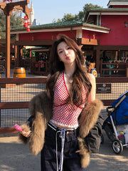 Hnewly Harajuku Red Plaid Tank Top Vest Women Summer Sleeveless V-Neck Sexy Bodycon Tshirts Female Outwear Bodycon T-shirts Chic Korean