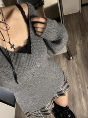 Hnewly Autumn Winter Woman French Style Sexy Ladies Vintage V-neck Sweater Gray Knitted Pullover Retro All Match Sweaters