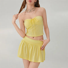 Hnewly Women Outfit Set y2k Clothes Sexy Solid Color Off Shoulder Strapless Tube Top with Mini Skirt 2000s Clothing Streetwear