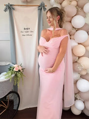 Hnewly Elegant Maternity Photoshoot Dress Off Shoulder Scarf Collar Maxi Gown Strapless Backless Pregnancy Outfit Baby Shower Dress