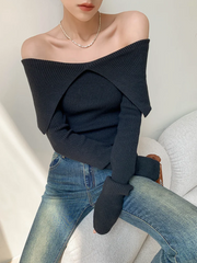 Hnewly Autumn Winter Women Sweaters Casual Long Sleeve Knitted Pullover Sweater Basic Solid Sexy Off Shoulder Crop Top Fashion Clothes