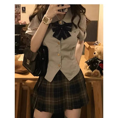 Hnewly Summer Japanese Fashion Lapel Bow Short Top Plaid Pleated Skirt Jk Suit 2pcs Women Korean Girls School Uniform Plus Size XL