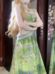 Hnewly French Sweet Floral Print Dress Women Casual Sleeveless Lace Slim Waist Even Party Clothing Korean Fashion Vintage Elegant