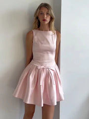 Hnewly Sexy Slim Sleeveless Bows Dress For Women Backless Splice Mini Fold Dress Fashion Elegant High Waist Birthday Party Dress