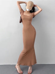 Hnewly Mermaid Dresses Women Sexy Square Collar French Style Vintage Summer Ladies Temperament Slim Ankle-length Fashion Ulzzang Chic