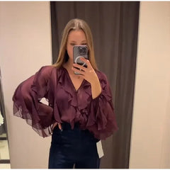 Hnewly Fashion Women Stacked Lotus Leaf Edge Blouse Casual Long Sleeve V Neck Mesh Sheer Loose Shirt New Style Female Commute Top