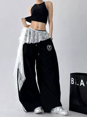 Hnewly Korean Irregular Lace Women Mini Skirts Y2K High Waist Lace Up Embroidered Flower Split Skirts Fashion Streetwear Ruffles Skirts