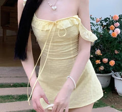 Hnewly A-line Dresses for Women Skinny Solid Flying Sleeve Summer Korean Style Chic Girls Square Collar Ins Lace-up Mini Lovely Girls