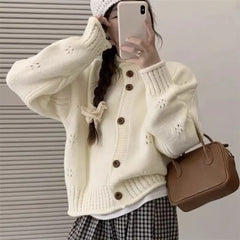 Hnewly Women's Knit Cardigan Sweater Button-up Stand Collare Soft Woolen Pointelle Sweater Jacket Coat Korean Autumn Winter Outfit