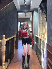 Hnewly spring birthday outfit Fashion Vintage Halter Sexy Lace Black Vest+ Y2k Slim Fit Long Sleeve Red Tops Women 2025 Early Autum New Two Piece Sets