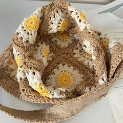 Hnewly Female Large Capacity Handmade Woven Shoulder Bag Flower Handbag Crochet Cotton Vacation Casual Tote