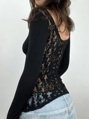 Hnewly rave inspo outfits Back See Through Lace Patchwork Elegant Sexy Black T Shirt Women Button Up O Neck Slim Long Sleeve Solid Basic Tees