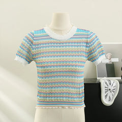 Hnewly Colorful Striped Knitted T Shirt For Women Spring Summer Hollow Out Sexy Streetwear Tops Korean O-Neck Short Pullover Blouses