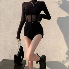 Hnewly Mesh Patchwork Fashion O-Neck Long Sleeve Tops Fishbone Tunic For Slim Sexy Crop Top Women 2024 Y2K Street T-Shirts