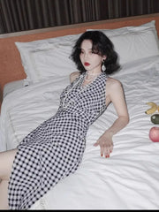 Hnewly DRESS TO IMPRESS Korean Elegant Long Plaid Dress Women Sexy Sleeveless Party Fairy Dress Female 2024 Summer V-neck Fashion Vintage Casual Dresses