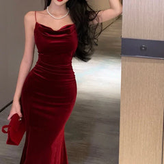 Hnewly Vintage Sexy Club Prom Red Dresses for Women Spaghetti Strap Slit Velvet Dress Beach Bandage Bodycon Midi Dress Party Elegant