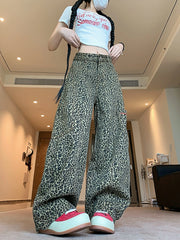 Hnewly Baggy Leopard Print Jeans for Women Retro American High Waisted Y2k Denim Pants Hip Hop Straight Wide Leg Cargo Jeans