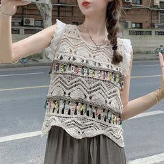 Hnewly Bohemian Style Crochet Hollow Out Sleeveless Knitted Vest Women's Summer Top