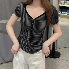 Hnewly Harajuku Striped Print Crop Top Summer Vintage 2000s Button-up V Neck Short Sleeve T-shirts for Women y2k Streetwear Tees