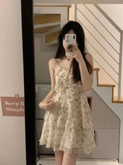 Hnewly College Style Floral Suspender Dress Summer New Style Slim Women Skirt