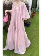 Hnewly Spring Summer New plus Size Women's Bohemian Loose Long Dress Comfortable Lazy Style Dress A-Line Skirt V-Neck Shor...