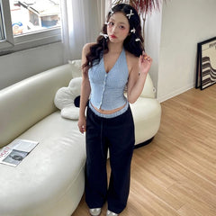 Hnewly Fashion Trend 2 Piece Set Retro Lattice Slim Halter Camis Tank Tops Women's Casual Loose Pants Street Commute Y2K Suit