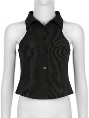 Hnewly Elegant Fashion Striped Tank Tops Office Lady Casual Slim Turn-Down Collar Deep V-Neck Sleeveless Tops Women 2024 Summer