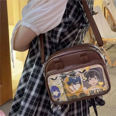 Hnewly Cute Anime Transparent Pin Display Ita Bag Women PU Leather Small Capacity Bowling Handbag Ladies Coffee Versatile Crossbody Bag