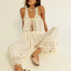Hnewly Women's Boho Vintage 2 Piece Pants Outfit Summer Casual Sleeveless Tie Front Lace Trim Tank Tops Drawstring Pants Sets