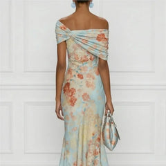 Lunivop Elegant Party Bodycon Maxi Dress Women Summer Sexy Sleeveless Off Shoulder Floral Print Long Dresses Casual