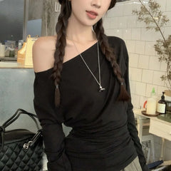 Hnewly y2k Aesthetic Tops Women Punk Gothic Clothing Slant Neck Off Shoulder Long Sleeve T Shirts 2000s Clothes Streetwear