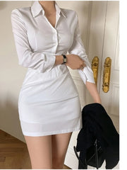 Hnewly business casual outfits Sexy Polo Elegant White Mini Dress Goddess High Waist Slim Shirt Long Sleeve Tight Hip Dresses OL Sexy Korean