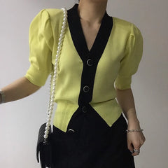 Hnewly Summer Elegant Puff Short Sleeve Cardigan Office Lady 2023 Korean Contrast Single Breasted V-Neck Casual All-Match Knitted Tops
