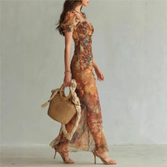 Lunivop Floral Maxi Dress Woman Sexy Square Collar Ruched Split Bodycon Long Dress New Summer Puff Sleeve Ruffle Party Dress