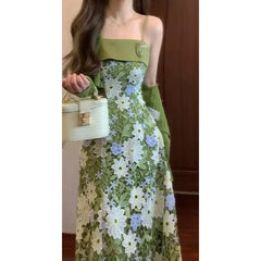 Hnewly Mint Jasmine French Romantic Lace Hollow out Green Strap Dress Air Conditioned Summer Sleeveless Floor Length Square Collar