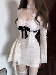 Hnewly Sexy Lace Patchwork Off Shoulder Dresses Y2k Slim Fit Long Sleeve Vestido Feminino 2025 Early Autumn New Dress for Women