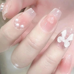 Hnewly 24pcs Square Fake Nails for Women Cute Bride Heart Pink French Tips Y2K Press on False Nail Supplies Nail Kit