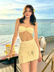 Hnewly Sweet 2Piece Set Women Mesh Patchwork Splits Sleeveless Backless Tops+Folds Skirt Vacation Beach Party Matching Suit