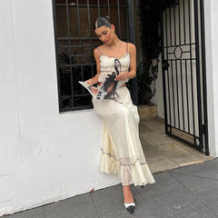 Hnewly Elegant Summer 2 Piece Set Y2K Aesthetic Lace One Line Neck Pleated Suspended Tank Top and Loose Beach Long Skirt Suit