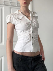 Hnewly Fashion Chic Safari Style Skinny Women Shirts Summer Solid Folds Basic Simple Single Breasted Blouses